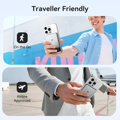 Two images showing a phone case being used by a person on the go and at an airport, with text indicating 'Traveller Friendly' and 'On the Go' and 'Airline Approved'.